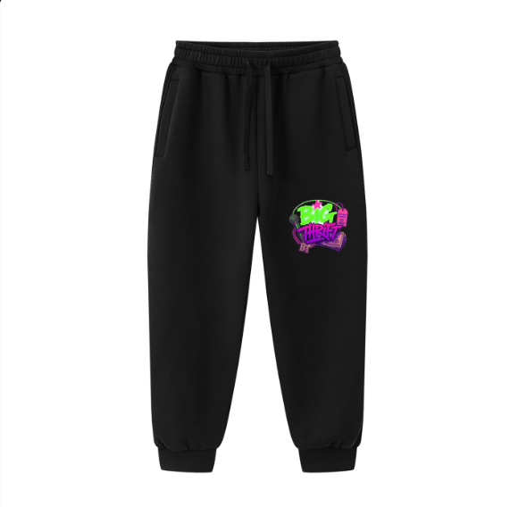 BIG THRIFT SWEATPANTS — Black fleece joggers · graffiti BIG THRIFT logo on the leg