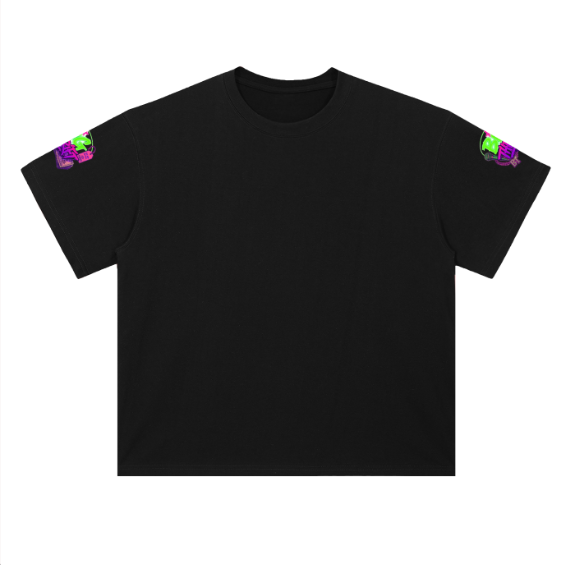 BIG THRIFT SLEEVE TEE — Oversized boxy black tee · graffiti sleeve hits both arms